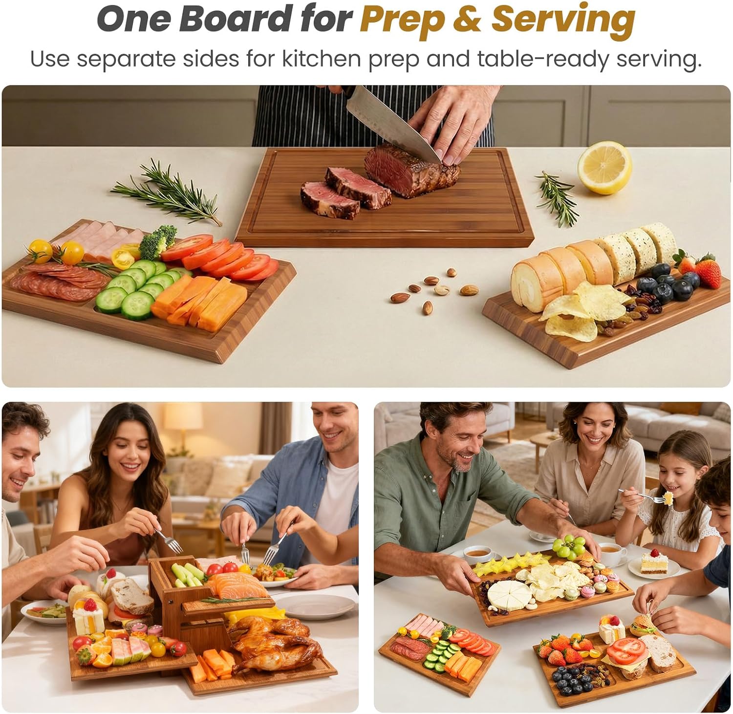 Meal Prep Cutting - Bamboe snijplankset met standaard, 3-delige dubbelzijdige